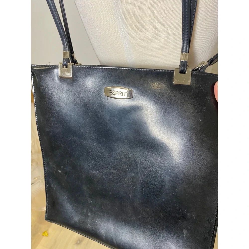Vintage Esprit 90s Black Shoulder Bag Tote Silver Hardware Minimalist Y2K